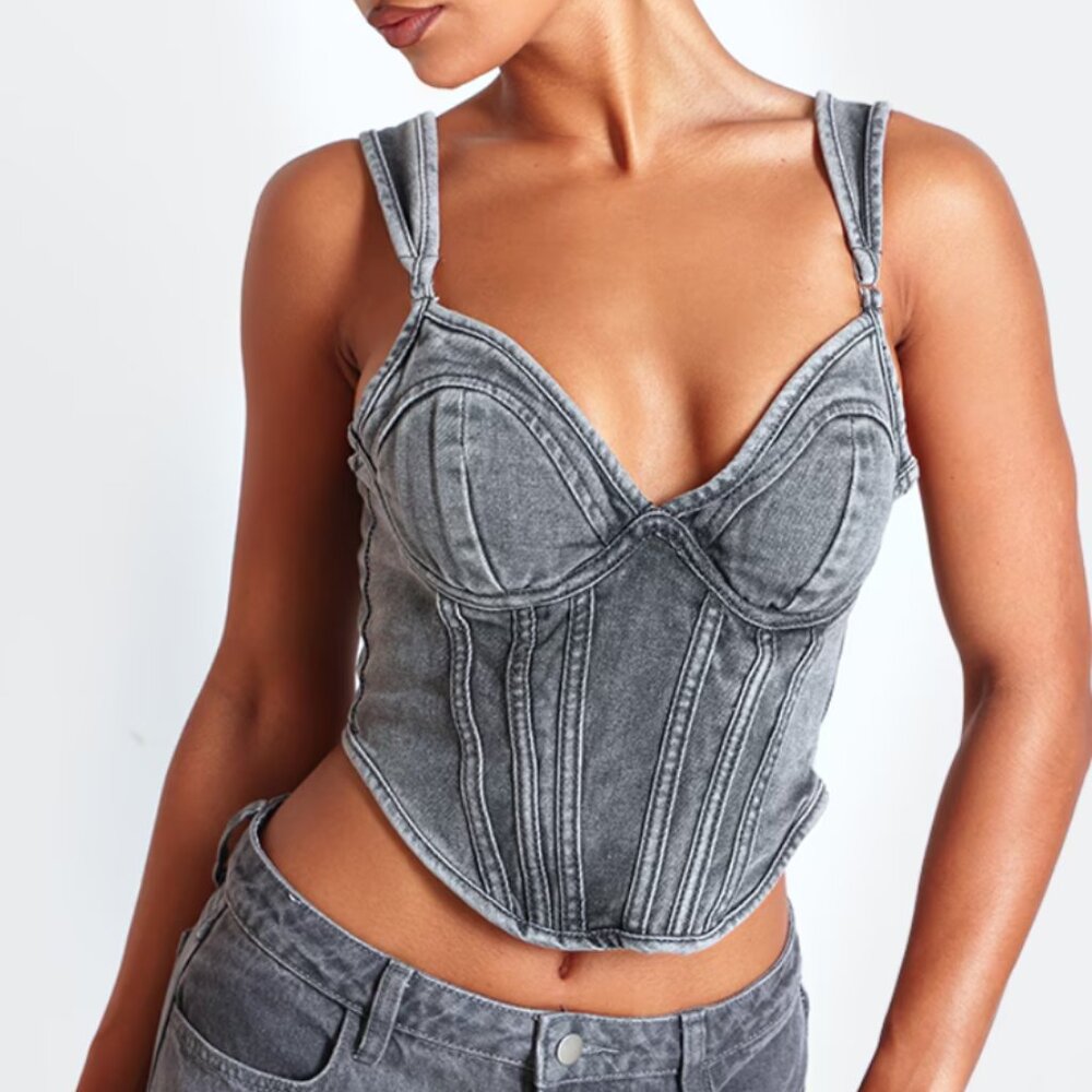 Pretty Little Thing Washed Grey Dip Hem Bust Cup Denim Corset